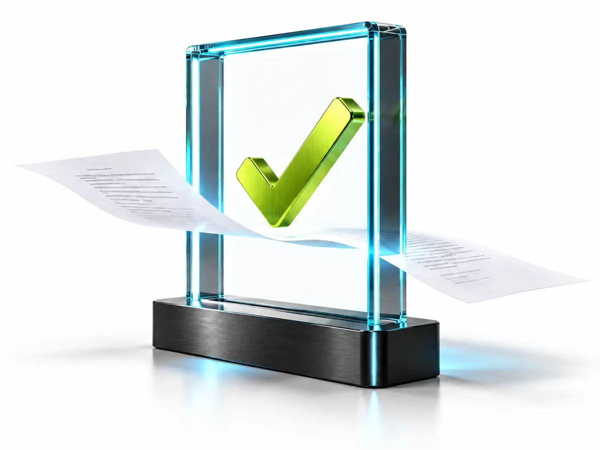 A glass approval gateway with a lime checkmark and documents passing through
