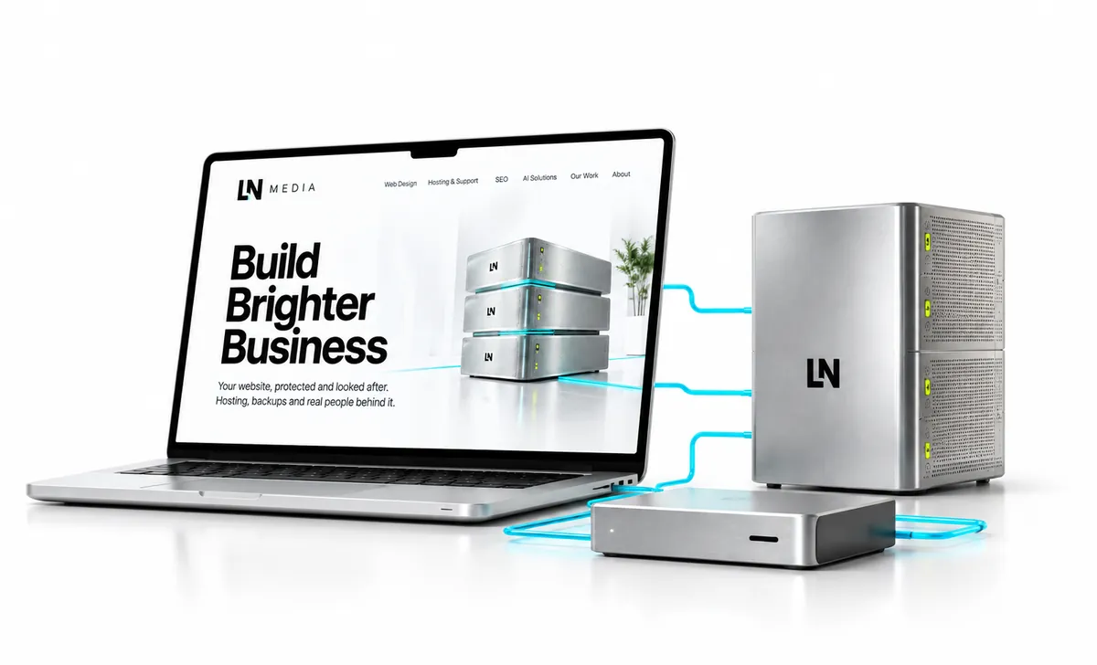 LN Media website on a laptop connected to a silver server and backup drive