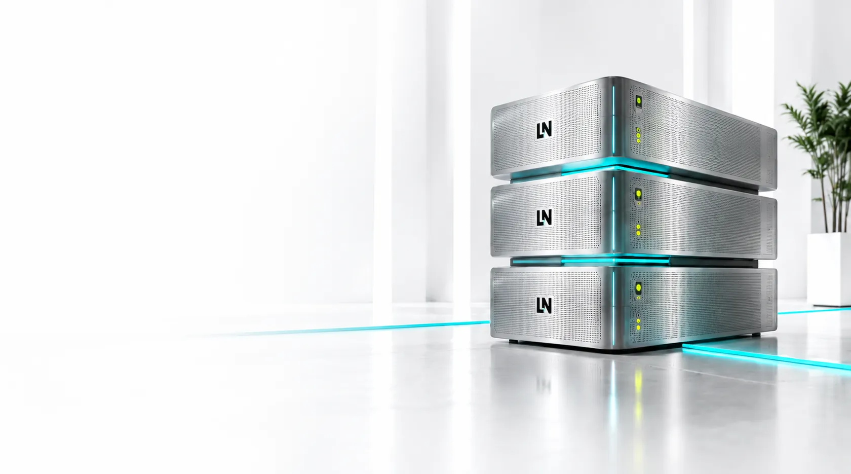 Sculptural silver LN servers with cyan lighting in a bright white studio