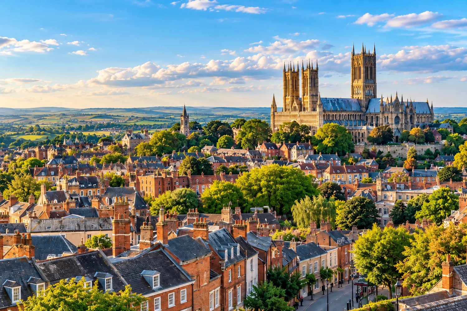 Illustration of Lincoln Cathedral above the historic city rooftops
